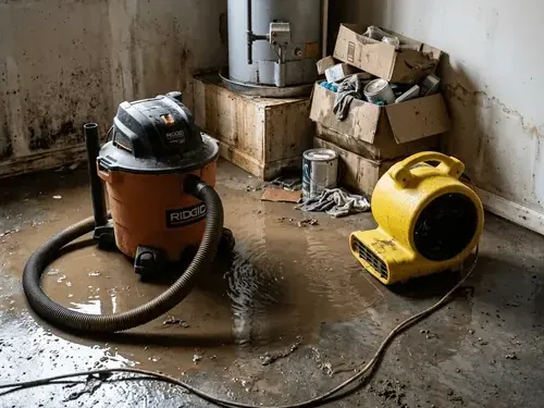 A wet vacuum and an air mover working near a basement water heater