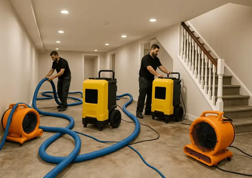 Two restoration techs staging air movers, dehumidifiers and extraction hoses inside a house before the dry-out begins