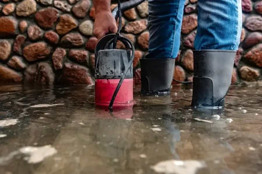 A restoration crew pumping water out of a flooded basement