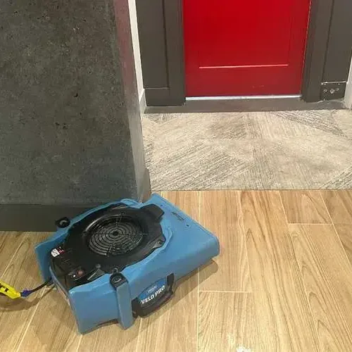 A blue air mover running on a wooden floor beside carpet and a red door