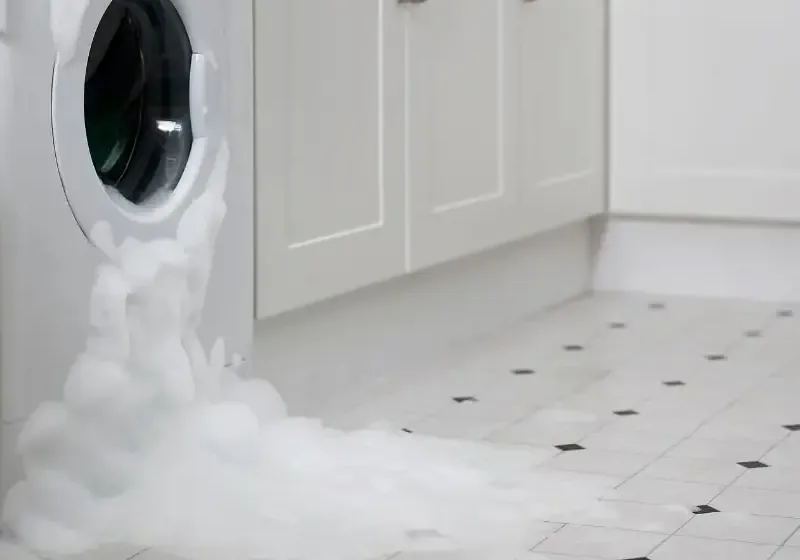 Water running across a floor from a broken washing machine hose