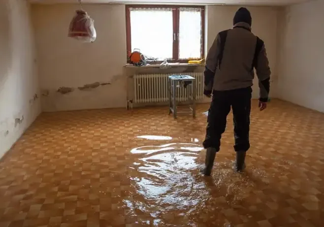 Standing water spread across the floor of a finished basement