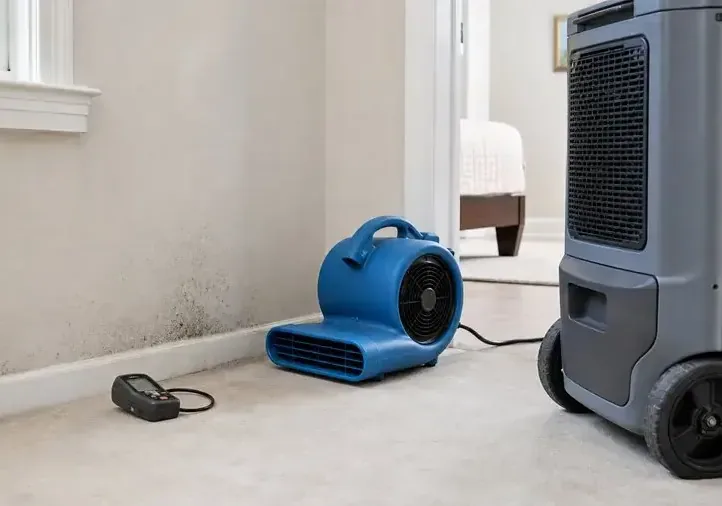 An air mover and a dehumidifier drying a wall and floor in a room