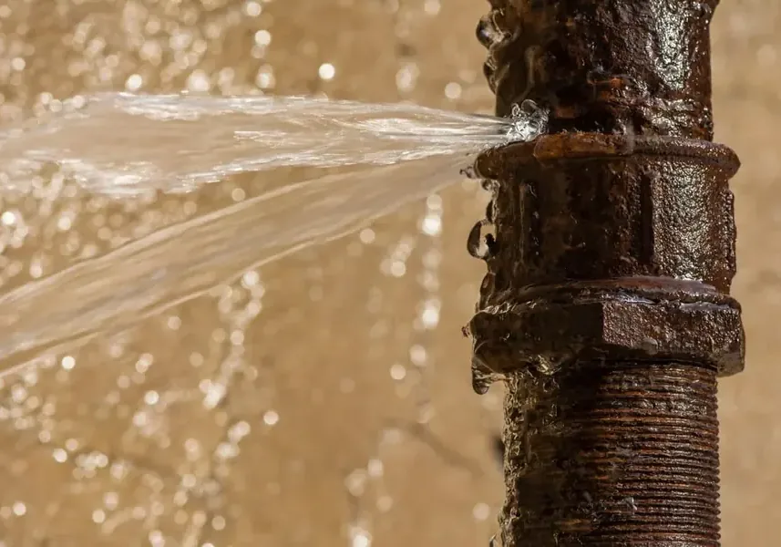 A wet, stained wall where a supply pipe burst inside the cavity