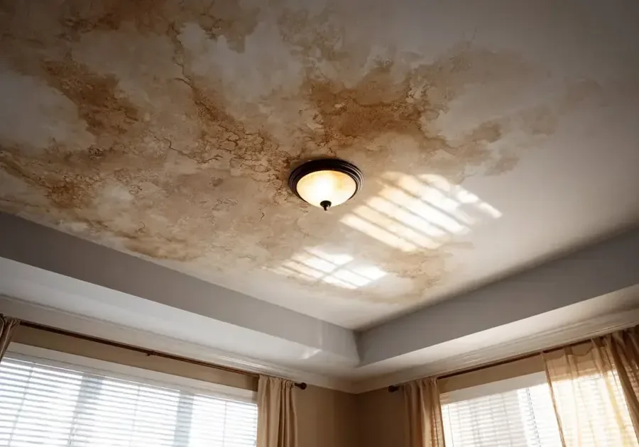 A brown water stain spreading over a living room ceiling