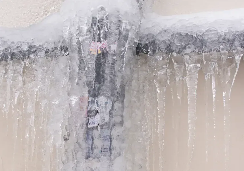 Thick ice formed during a hard freeze, the kind of cold that splits water lines