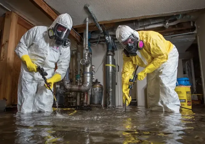 Workers in protective suits cleaning up a sewage backup inside a mechanical room