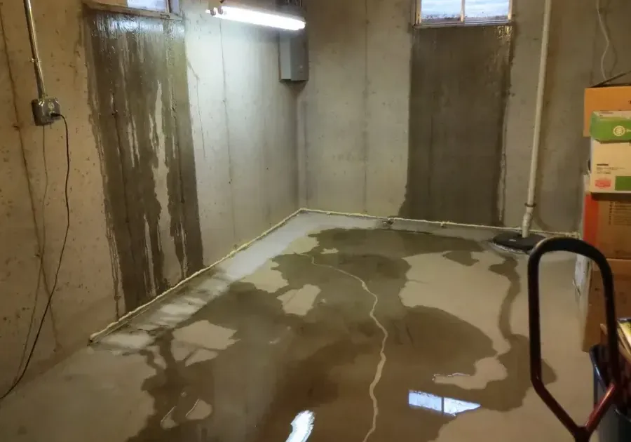 Water creeping across a basement floor from the base of a foundation wall