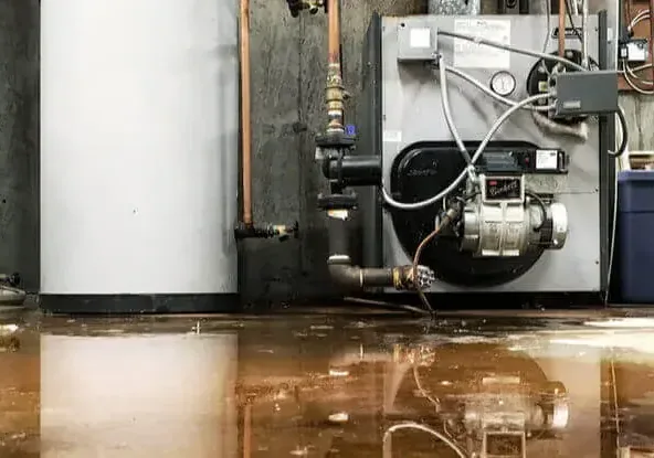 A leaking water heater spilling water across a utility room floor